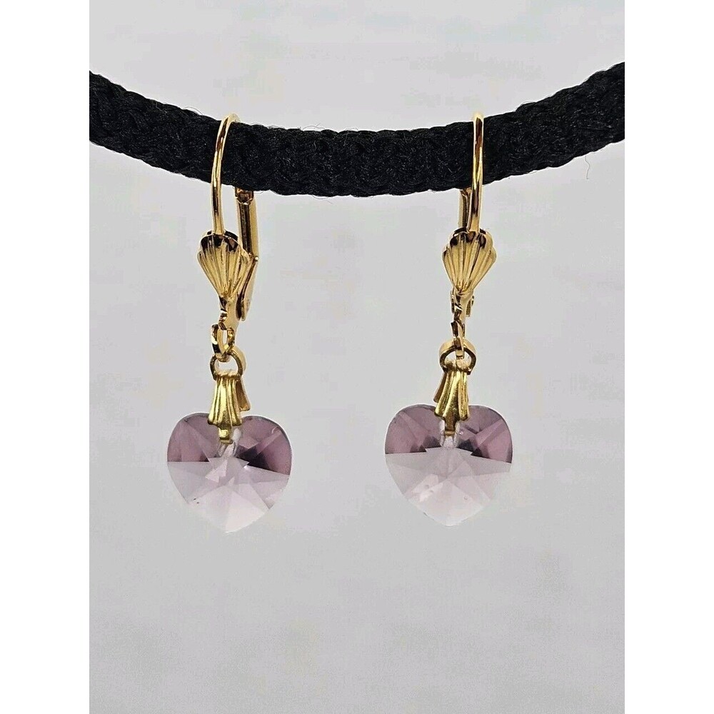 Vintage Pink Glass Heart Gold Tone Ladies Dangle Leverback Earrings